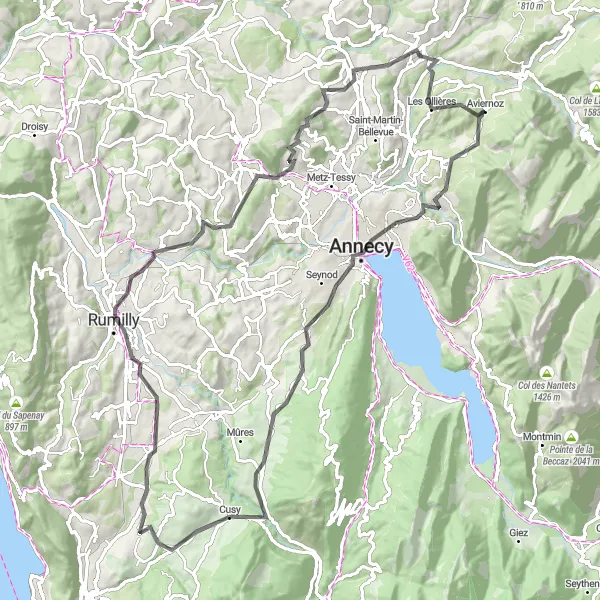 Miniatura della mappa di ispirazione al ciclismo "Esplorando Annecy e Montagne de la Mandallaz" nella regione di Rhône-Alpes, France. Generata da Tarmacs.app, pianificatore di rotte ciclistiche