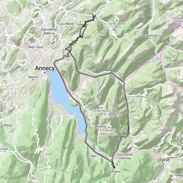 Mapa miniatúra "Cestná cyklotrasa s výstupom do 1700 m a dĺžkou 93 km" cyklistická inšpirácia v Rhône-Alpes, France. Vygenerované cyklistickým plánovačom trás Tarmacs.app