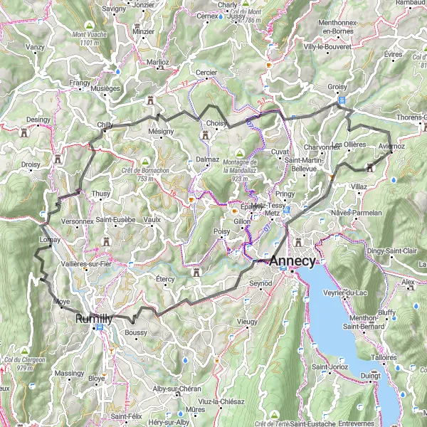 Karttaminiaatyyri "Pyöräilyreitti Thorens-Glières lähellä: 89 km maantiepyöräilyä" pyöräilyinspiraatiosta alueella Rhône-Alpes, France. Luotu Tarmacs.app pyöräilyreittisuunnittelijalla