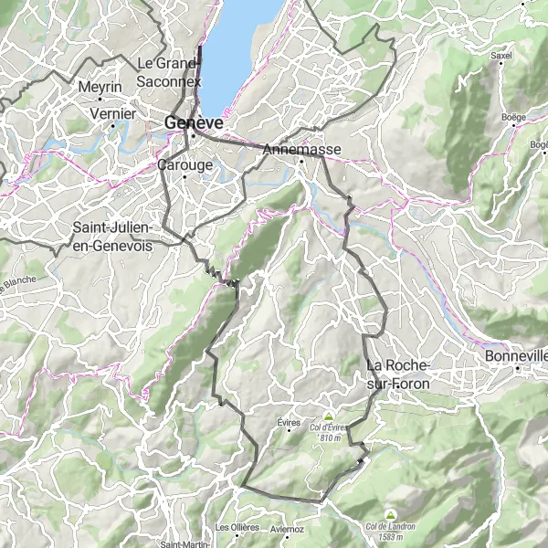 Map miniature of "The Bornes Challenge" cycling inspiration in Rhône-Alpes, France. Generated by Tarmacs.app cycling route planner