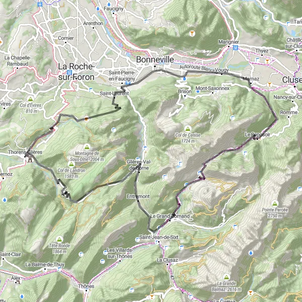 Map miniature of "The Vougy Adventure" cycling inspiration in Rhône-Alpes, France. Generated by Tarmacs.app cycling route planner