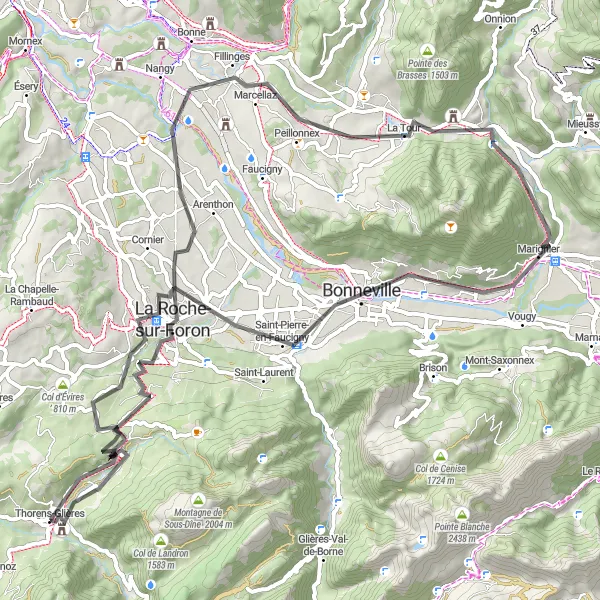 Miniatura della mappa di ispirazione al ciclismo "Giro in bicicletta attraverso La Roche-sur-Foron, Saint-Jeoire, Château Vieux, Bonneville, Amancy e Thorens-Glières" nella regione di Rhône-Alpes, France. Generata da Tarmacs.app, pianificatore di rotte ciclistiche