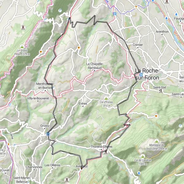 Map miniature of "Panoramic Views of Thorens-Glières" cycling inspiration in Rhône-Alpes, France. Generated by Tarmacs.app cycling route planner