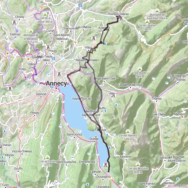 Miniatua del mapa de inspiración ciclista "Ruta de ciclismo por carretera desde Thorens-Glières" en Rhône-Alpes, France. Generado por Tarmacs.app planificador de rutas ciclistas