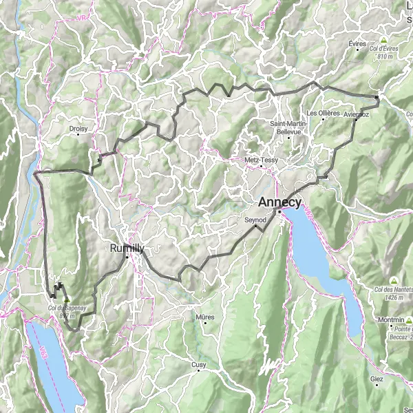 Karttaminiaatyyri "Vuorikiertue Villazissa ja Col du Sapenayn yli" pyöräilyinspiraatiosta alueella Rhône-Alpes, France. Luotu Tarmacs.app pyöräilyreittisuunnittelijalla