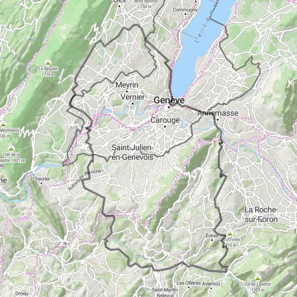 Zemljevid v pomanjšavi "Kolesarska pot okoli Thorens-Glières" kolesarske inspiracije v Rhône-Alpes, France. Generirano z načrtovalcem kolesarskih poti Tarmacs.app
