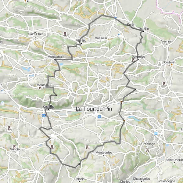 Miniaturní mapa "Cyklotrasa s návratem v okolí Thuellinu" inspirace pro cyklisty v oblasti Rhône-Alpes, France. Vytvořeno pomocí plánovače tras Tarmacs.app