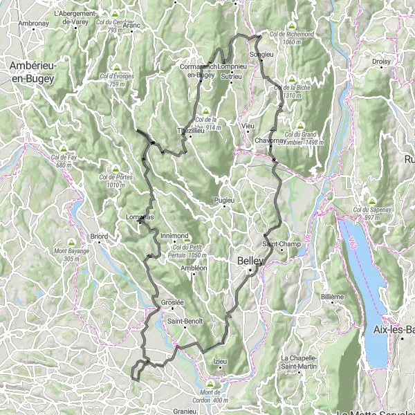 Miniature de la carte de l'inspiration cycliste "Tour des Monts du Bugey" dans la Rhône-Alpes, France. Générée par le planificateur d'itinéraire cycliste Tarmacs.app