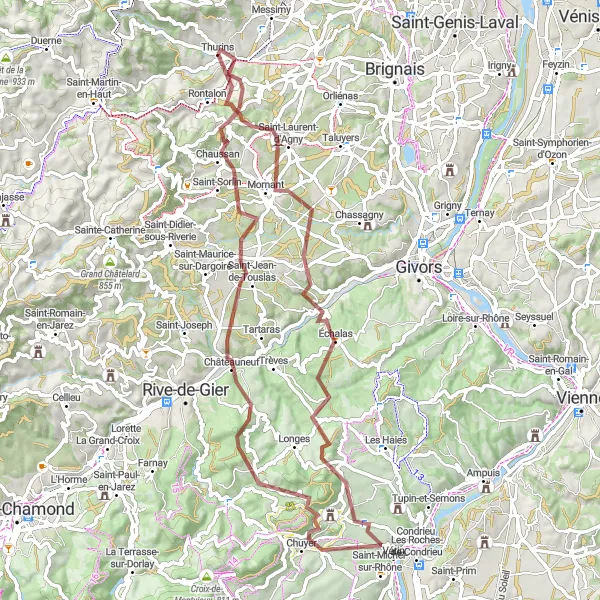 Miniature de la carte de l'inspiration cycliste "Aventure gravel autour de Thurins" dans la Rhône-Alpes, France. Générée par le planificateur d'itinéraire cycliste Tarmacs.app