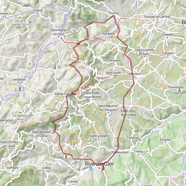 Miniatua del mapa de inspiración ciclista "Aventura en Gravel por Thurins" en Rhône-Alpes, France. Generado por Tarmacs.app planificador de rutas ciclistas