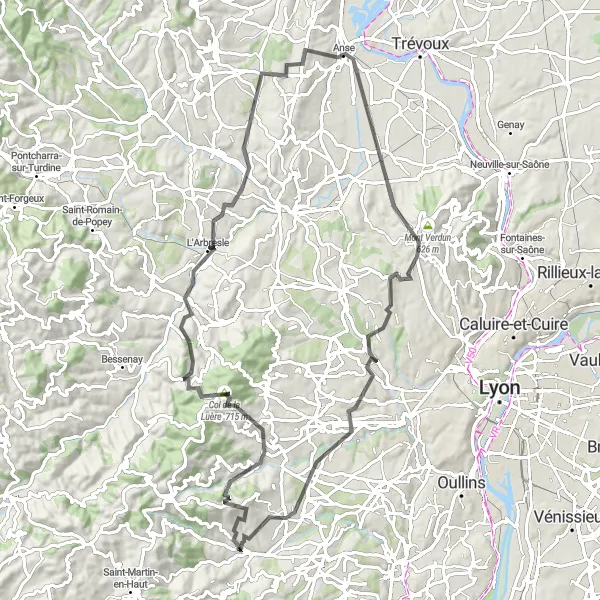 Karttaminiaatyyri "Maantiekiertue Thurinsin lähettyvillä" pyöräilyinspiraatiosta alueella Rhône-Alpes, France. Luotu Tarmacs.app pyöräilyreittisuunnittelijalla