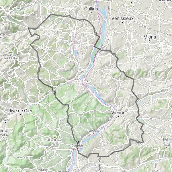Miniatura mapy "Przejażdżka przez Les Côtes-d'Arey i Mornant" - trasy rowerowej w Rhône-Alpes, France. Wygenerowane przez planer tras rowerowych Tarmacs.app