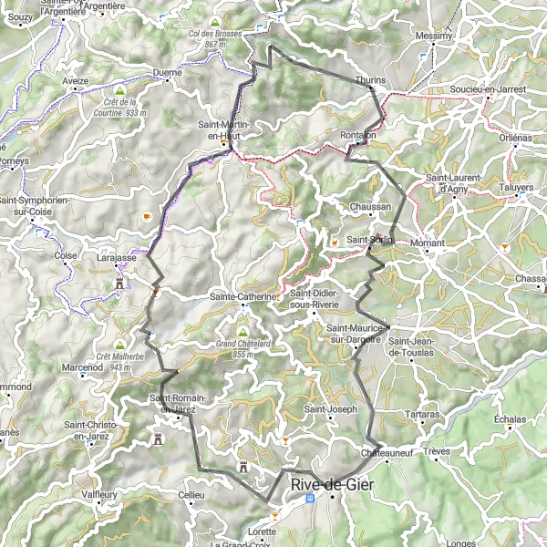 Karttaminiaatyyri "Maantiekiertue Thurinsin ympäristössä" pyöräilyinspiraatiosta alueella Rhône-Alpes, France. Luotu Tarmacs.app pyöräilyreittisuunnittelijalla