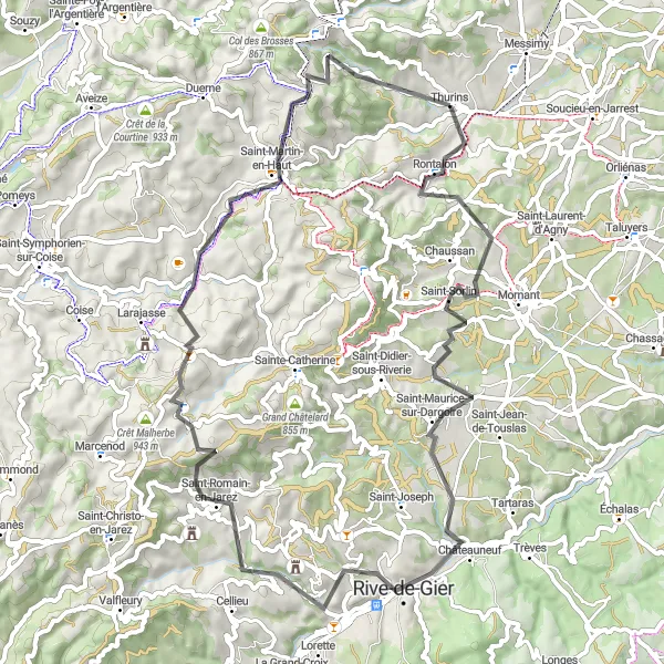 Karten-Miniaturansicht der Radinspiration "Rhône-Alpes Rundfahrt" in Rhône-Alpes, France. Erstellt vom Tarmacs.app-Routenplaner für Radtouren