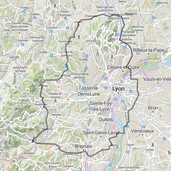 Miniatuurkaart van de fietsinspiratie "Fietsen door de heuvels van Rhône-Alpes" in Rhône-Alpes, France. Gemaakt door de Tarmacs.app fietsrouteplanner