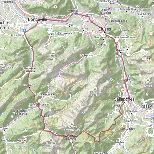 Zemljevid v pomanjšavi "Gravelska pot Cluses - Marignier" kolesarske inspiracije v Rhône-Alpes, France. Generirano z načrtovalcem kolesarskih poti Tarmacs.app