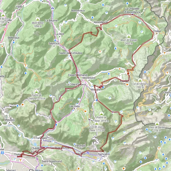 Karttaminiaatyyri "Maastopyöräreitti Mont Orchez - La Jaÿsinia - Châtillon-sur-Cluses" pyöräilyinspiraatiosta alueella Rhône-Alpes, France. Luotu Tarmacs.app pyöräilyreittisuunnittelijalla
