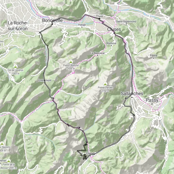 Mapa miniatúra "Cestná jazda cez Megève a Col des Aravis" cyklistická inšpirácia v Rhône-Alpes, France. Vygenerované cyklistickým plánovačom trás Tarmacs.app