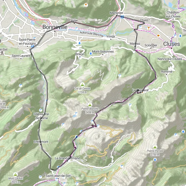 Miniatua del mapa de inspiración ciclista "Ascenso a través de la naturaleza en Thyez" en Rhône-Alpes, France. Generado por Tarmacs.app planificador de rutas ciclistas