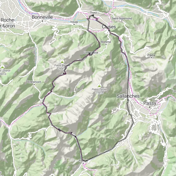 Kartminiatyr av "Thyez til Col des Aravis" sykkelinspirasjon i Rhône-Alpes, France. Generert av Tarmacs.app sykkelrutoplanlegger
