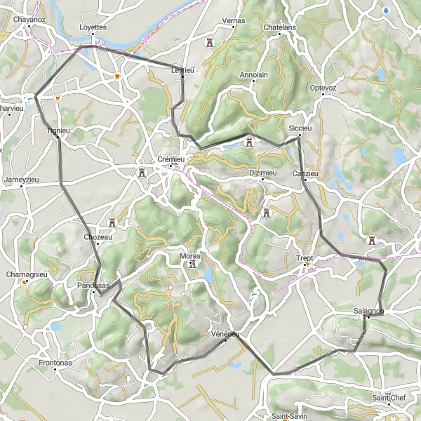 Miniatuurkaart van de fietsinspiratie "Verkenningstocht door Leyrieu en Chozeau" in Rhône-Alpes, France. Gemaakt door de Tarmacs.app fietsrouteplanner