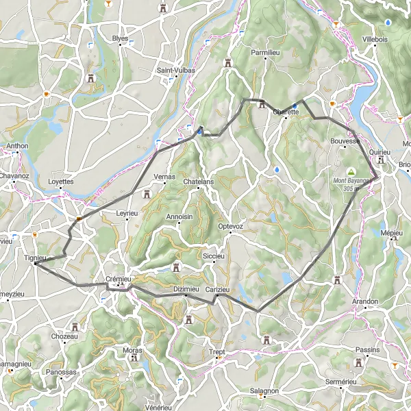 Map miniature of "Hières-sur-Amby Discovery" cycling inspiration in Rhône-Alpes, France. Generated by Tarmacs.app cycling route planner