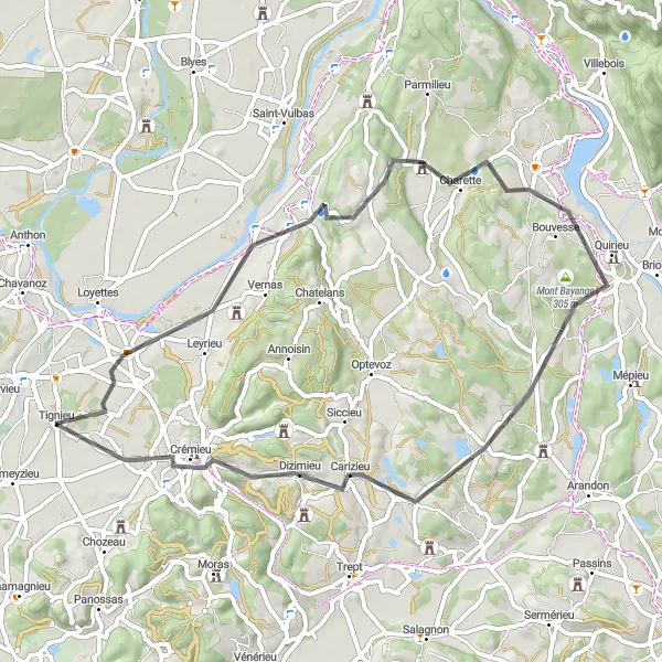 Miniatuurkaart van de fietsinspiratie "Wegtour door Hières-sur-Amby en Villemoirieu" in Rhône-Alpes, France. Gemaakt door de Tarmacs.app fietsrouteplanner