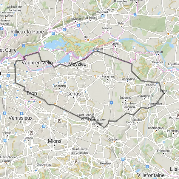 Miniaturní mapa "Okruhová cyklistická trasa v blízkosti Tignieu" inspirace pro cyklisty v oblasti Rhône-Alpes, France. Vytvořeno pomocí plánovače tras Tarmacs.app