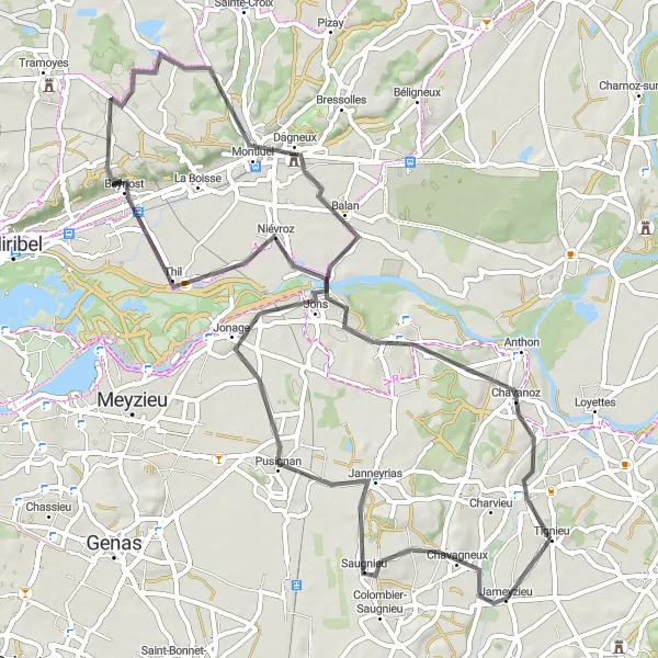 Mapa miniatúra "Cestný okruh cez Pusignan a Pont-de-Chéruy" cyklistická inšpirácia v Rhône-Alpes, France. Vygenerované cyklistickým plánovačom trás Tarmacs.app