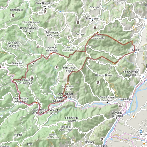 Mapa miniatúra "Gravel trasa Saint-Julien-le-Roux - Vernoux-en-Vivarais" cyklistická inšpirácia v Rhône-Alpes, France. Vygenerované cyklistickým plánovačom trás Tarmacs.app