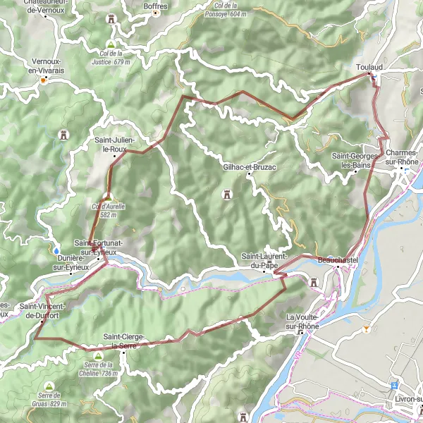 Kartminiatyr av "Serre de la Cheline och Col d'Aurelle" cykelinspiration i Rhône-Alpes, France. Genererad av Tarmacs.app cykelruttplanerare