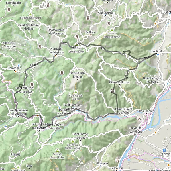 Miniaturní mapa "Scenic Road Trip to Saint-Sauveur-de-Montagut" inspirace pro cyklisty v oblasti Rhône-Alpes, France. Vytvořeno pomocí plánovače tras Tarmacs.app