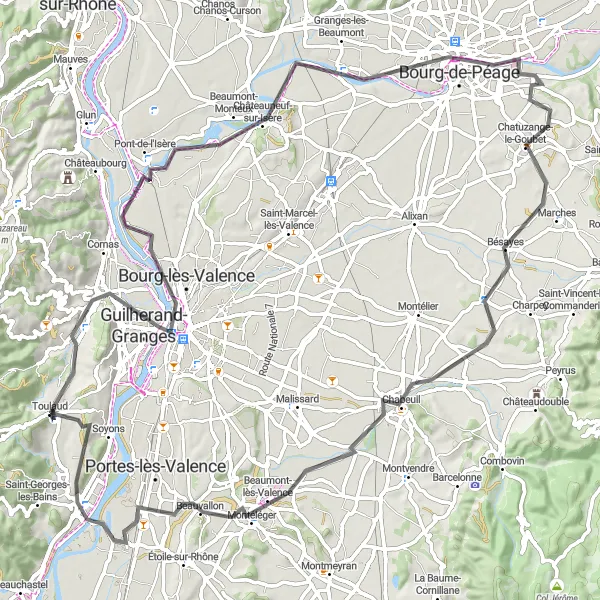 Mapa miniatúra "Cesta s výhľadom na údolie Vercors a mesto Valence" cyklistická inšpirácia v Rhône-Alpes, France. Vygenerované cyklistickým plánovačom trás Tarmacs.app