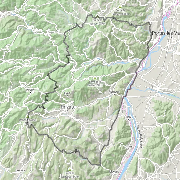 Mapa miniatúra "Cyklotrasa Beauchastel - Col de la Justice" cyklistická inšpirácia v Rhône-Alpes, France. Vygenerované cyklistickým plánovačom trás Tarmacs.app