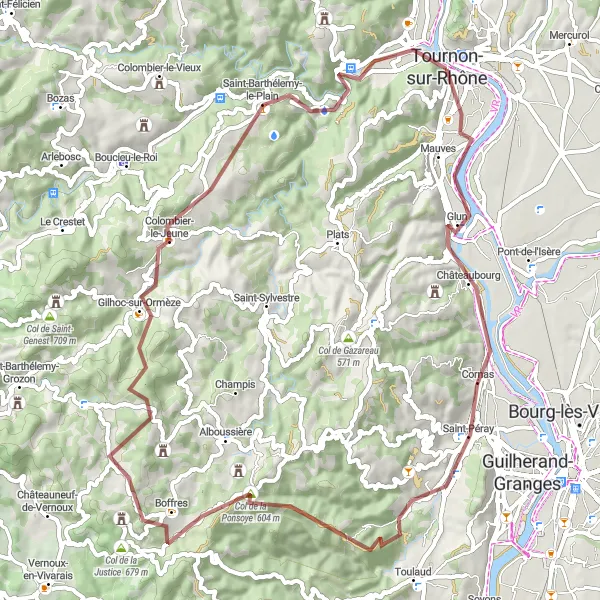 Miniature de la carte de l'inspiration cycliste "La Route du Vin et des Châteaux" dans la Rhône-Alpes, France. Générée par le planificateur d'itinéraire cycliste Tarmacs.app