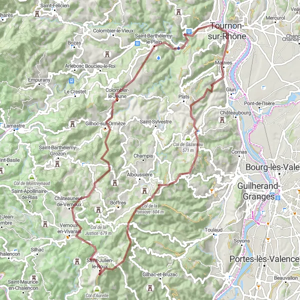 Miniature de la carte de l'inspiration cycliste "Aventure gravel à St Romain de Lerps" dans la Rhône-Alpes, France. Générée par le planificateur d'itinéraire cycliste Tarmacs.app
