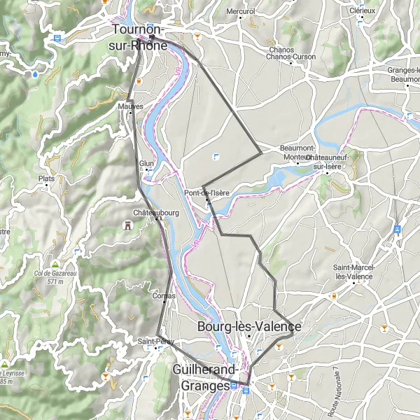 Miniature de la carte de l'inspiration cycliste "Parcours entre Pont-de-l'Isère et Tournon-sur-Rhône" dans la Rhône-Alpes, France. Générée par le planificateur d'itinéraire cycliste Tarmacs.app