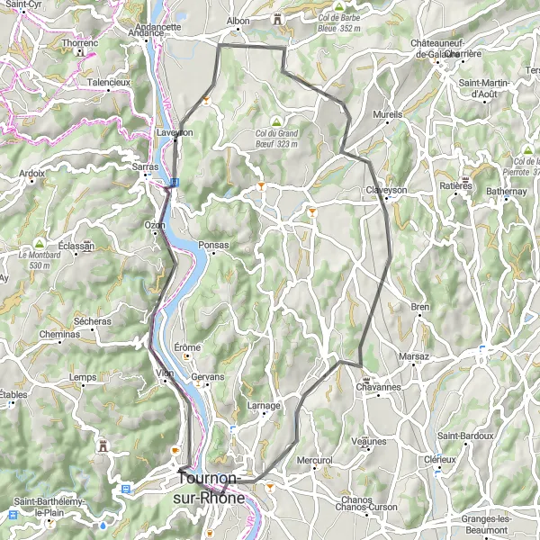 Miniature de la carte de l'inspiration cycliste "Boucle panoramique de Tournon-sur-Rhône" dans la Rhône-Alpes, France. Générée par le planificateur d'itinéraire cycliste Tarmacs.app