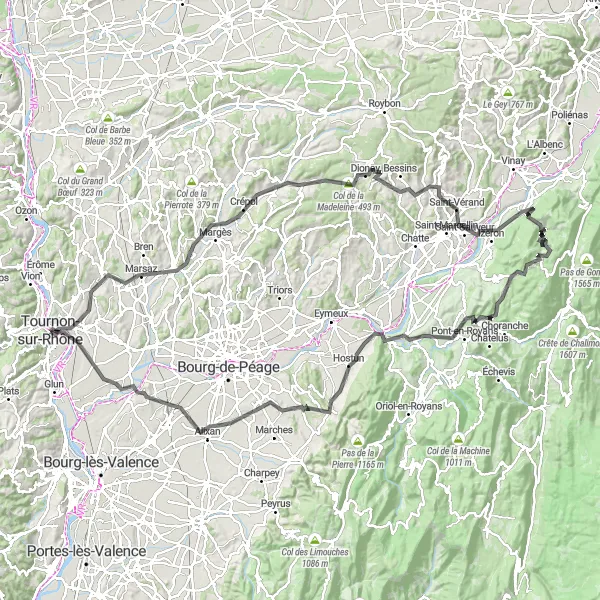 Miniature de la carte de l'inspiration cycliste "Les sommets du Vercors" dans la Rhône-Alpes, France. Générée par le planificateur d'itinéraire cycliste Tarmacs.app