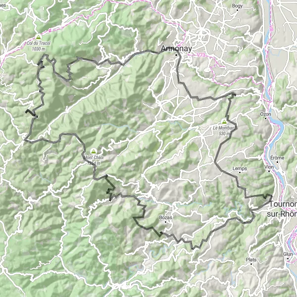 Miniature de la carte de l'inspiration cycliste "Les Grands Cols Ardéchois" dans la Rhône-Alpes, France. Générée par le planificateur d'itinéraire cycliste Tarmacs.app