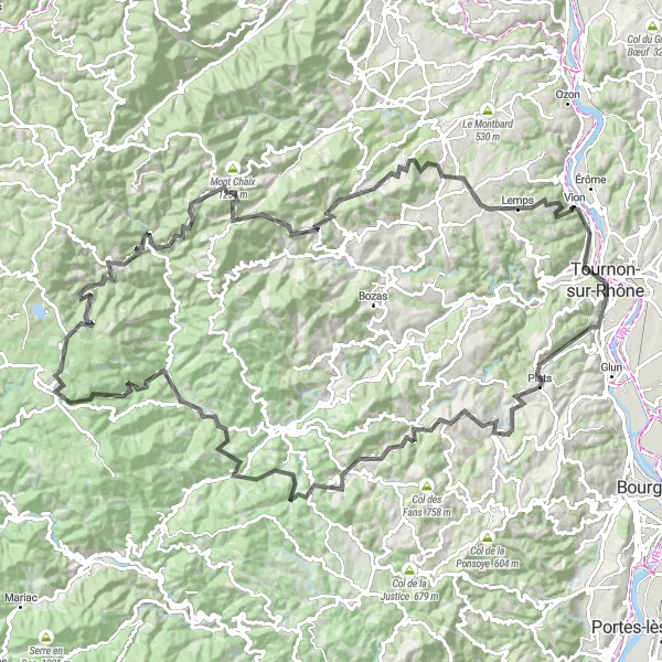 Map miniature of "The Ardeche Adventure" cycling inspiration in Rhône-Alpes, France. Generated by Tarmacs.app cycling route planner