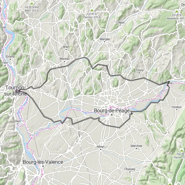 Miniature de la carte de l'inspiration cycliste "Escapade Iséroise" dans la Rhône-Alpes, France. Générée par le planificateur d'itinéraire cycliste Tarmacs.app