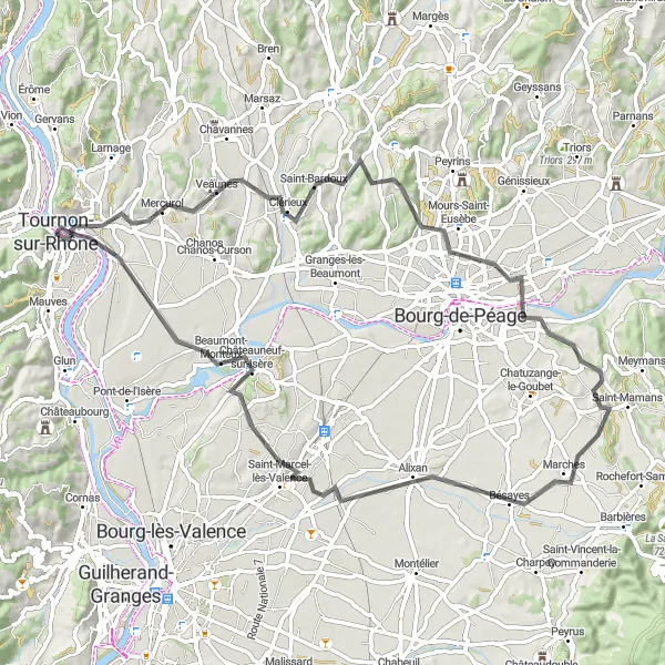 Map miniature of "Tour de Tournon-sur-Rhône" cycling inspiration in Rhône-Alpes, France. Generated by Tarmacs.app cycling route planner