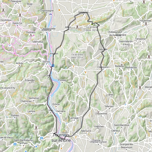 Miniature de la carte de l'inspiration cycliste "Les Collines de l'Hermitage" dans la Rhône-Alpes, France. Générée par le planificateur d'itinéraire cycliste Tarmacs.app
