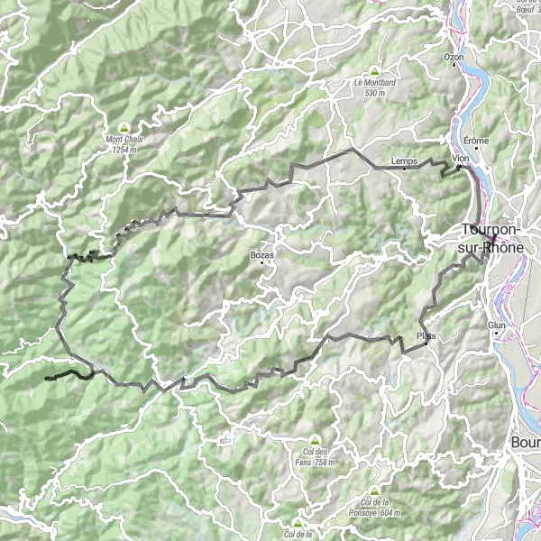 Miniature de la carte de l'inspiration cycliste "Escapade en Ardèche Verte" dans la Rhône-Alpes, France. Générée par le planificateur d'itinéraire cycliste Tarmacs.app