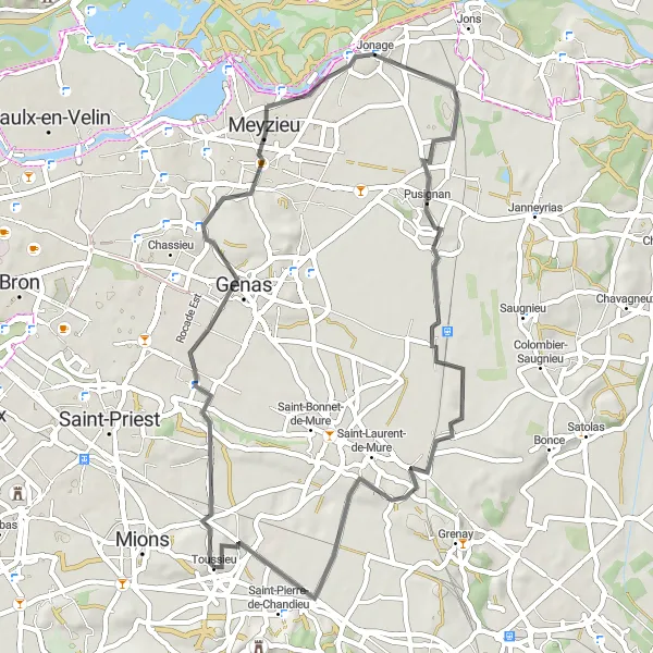 Miniaturní mapa "Road okruh kolem Meyzieu a Saint-Laurent-de-Mure" inspirace pro cyklisty v oblasti Rhône-Alpes, France. Vytvořeno pomocí plánovače tras Tarmacs.app