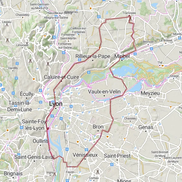 Miniature de la carte de l'inspiration cycliste "Graviers de Lyon" dans la Rhône-Alpes, France. Générée par le planificateur d'itinéraire cycliste Tarmacs.app