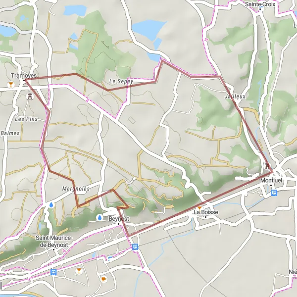 Miniature de la carte de l'inspiration cycliste "Randonnée gravel à Montluel" dans la Rhône-Alpes, France. Générée par le planificateur d'itinéraire cycliste Tarmacs.app