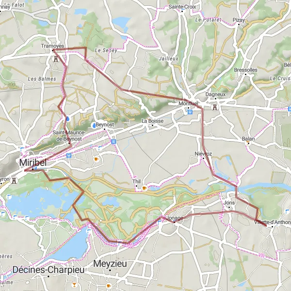 Miniatura mapy "Przejażdżka gravelowa przez Montluel" - trasy rowerowej w Rhône-Alpes, France. Wygenerowane przez planer tras rowerowych Tarmacs.app