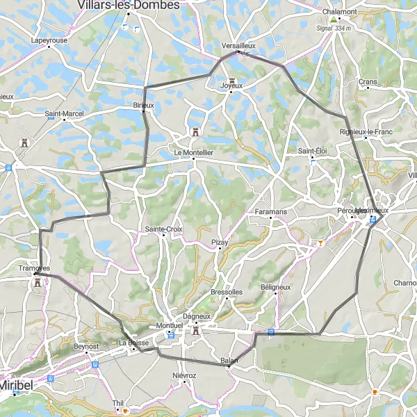 Miniatura mapy "Trasa rowerowa przez Birieux, Rignieux-le-Franc, Niévroz do Poype du Châtel" - trasy rowerowej w Rhône-Alpes, France. Wygenerowane przez planer tras rowerowych Tarmacs.app